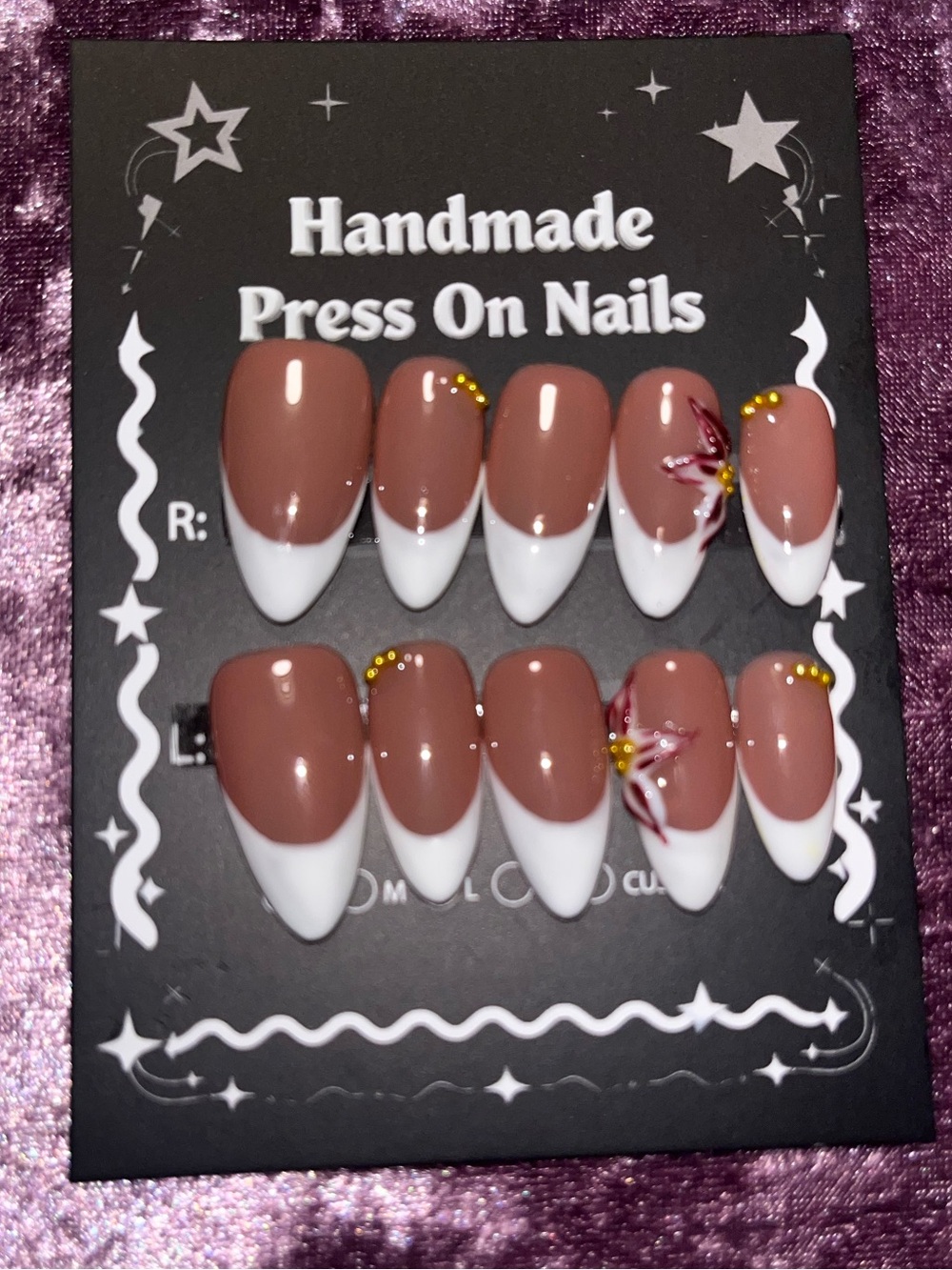 Handmade Brown and White Press On Nails with Floral Accent